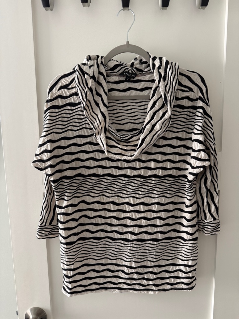 BEBE Black and White Wavy Stripe Cowl Neck Top